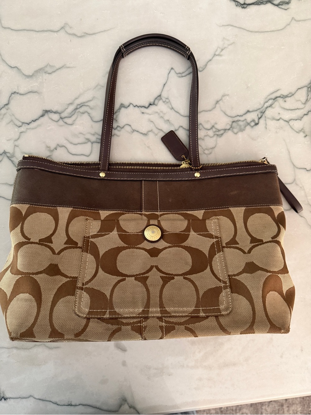 Vintage Coach Signature Stripe Tote Brown Khaki Y2K Style 11691